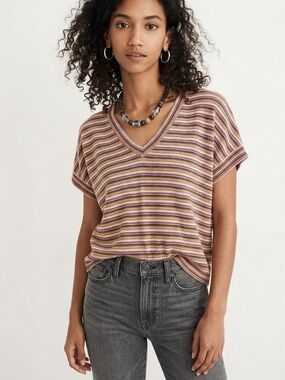 Madewell Multi Color Whisper Cotton Knit Short Sleeve Sweater Top Earth Tone